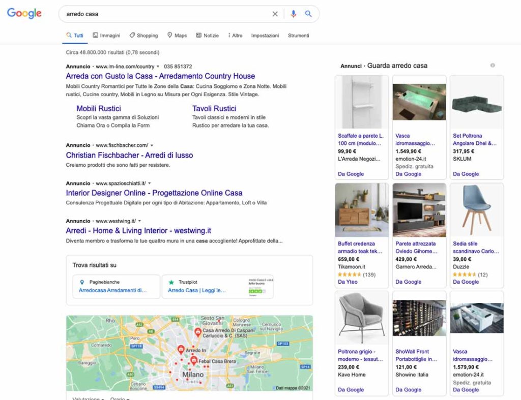 home page google con risultati google shopping